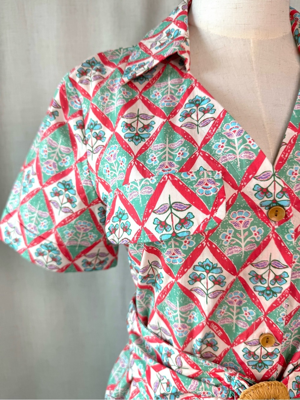 Karlie Naomi Paris Floral Shirt Dress w Belt Green Print Size Small NWT - Picture 7 of 15